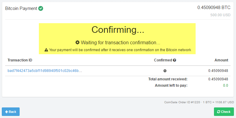BTC transaction confirming