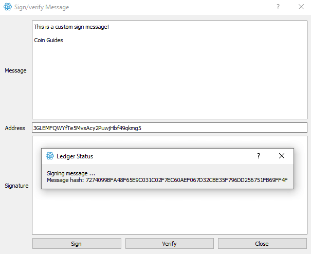 ledger signing message btc