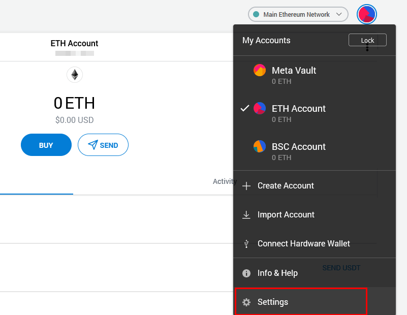 metamask settings page