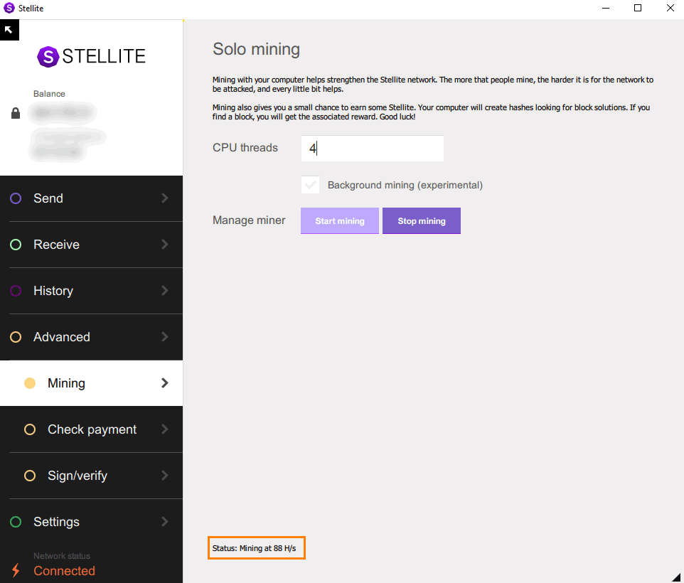 Stellite wallet mining