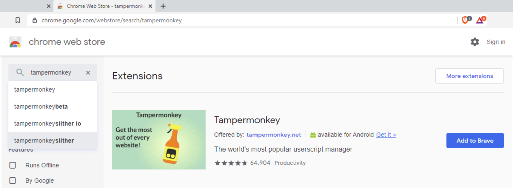 Tampermonkey Brave browser