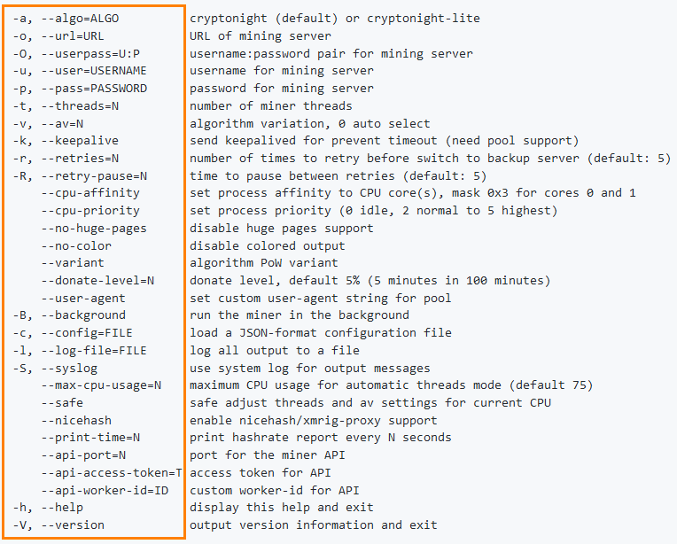 command line option for XMRig